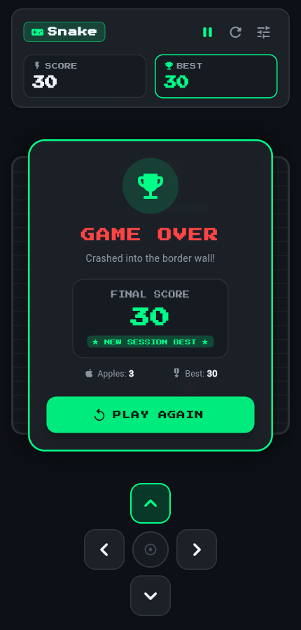 Game over screen of a snake game showing final score 30, 3 apples eaten, a New Session Best badge and a Play Again button.